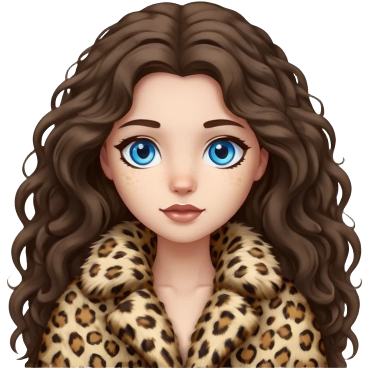 Brunette girl with long wavy hair and blue eyes in fluffy leopard fur coat  emoji