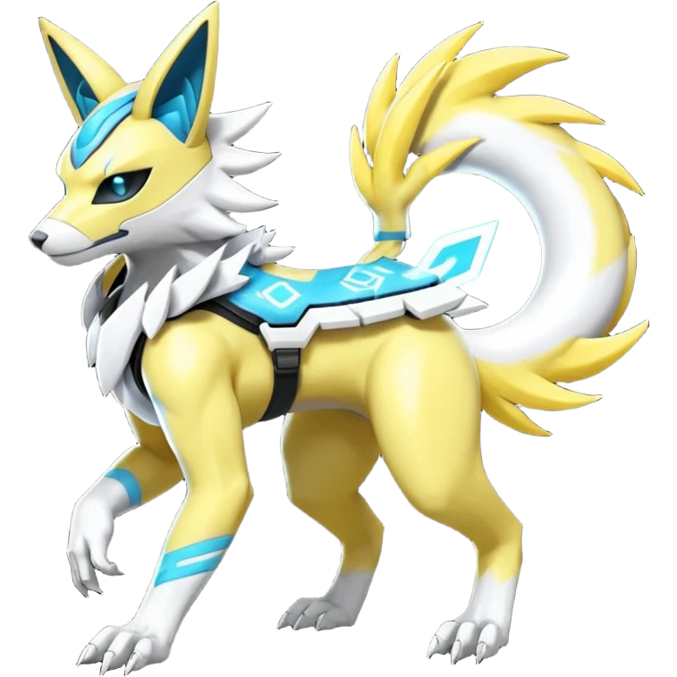 Shiny cyan yellow white electric complex futuristic white-cyber-masked Zeraora-Renamon-Electrike-Umbreon-Lombax-Weregarurumon-fusion-creature (full body emoji