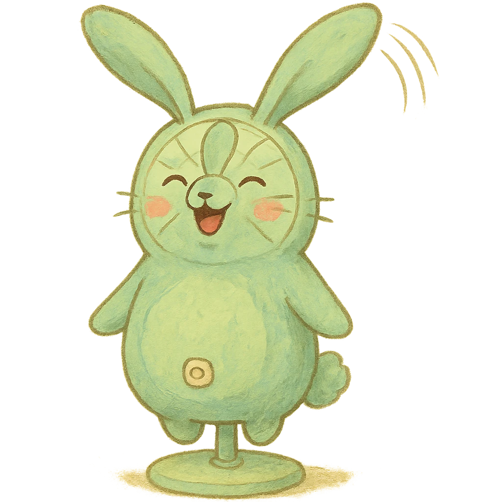 soft pastel green bunny as an electric fan, ears spinning like blades, cheerful expression, full-body emoji