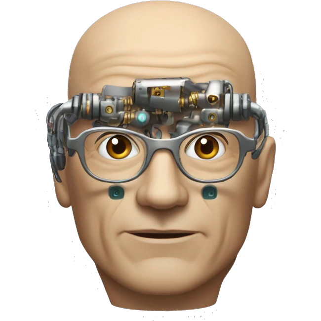 Older Male cyborg head with metallic plated face, brown flat top haircut, glasses and circuitry emoji