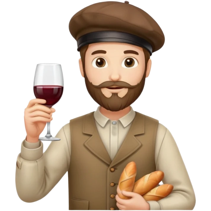 French man with beard, béret, baguette and wine and trousers emoji