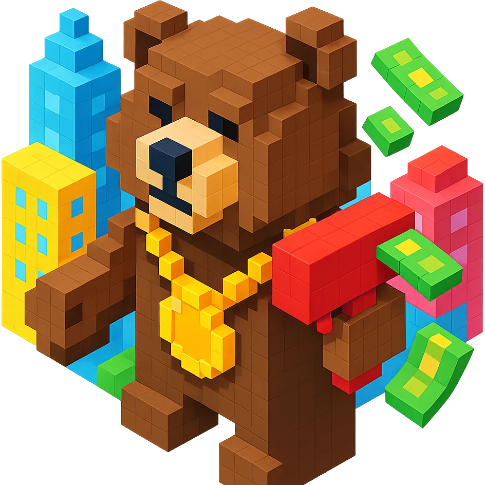 Russian grizzly bear wearing a rapper chain and holding a money gun, with a city background emoji