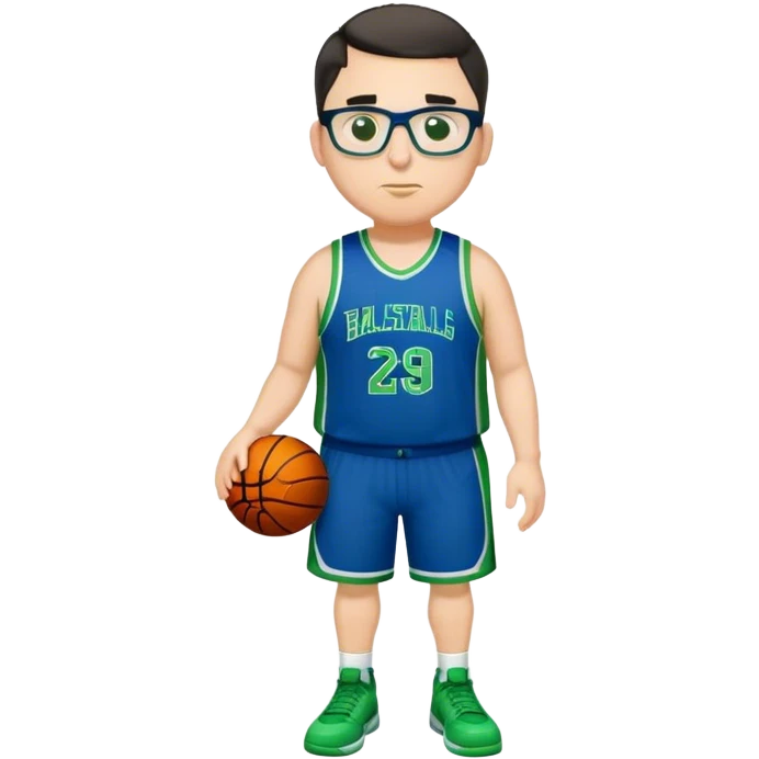 Full Body plus size white male with dark short hair basketball player wearing glasses wearing blue green uniform emoji