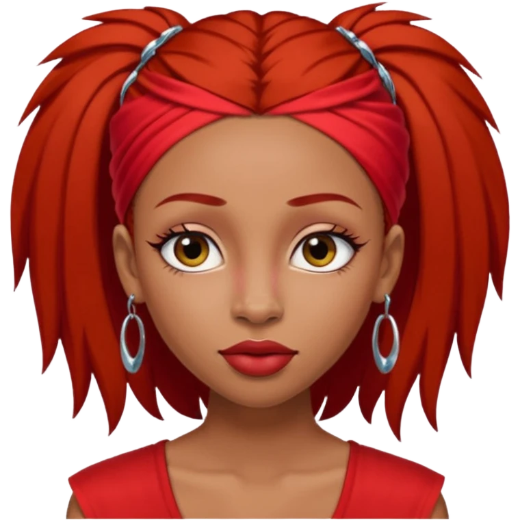 light-skinned black girl with very long eyelashes with long strait dark brown hair with edges wearing a red top with no sleeves. and a red accessory on her head with nose and mouth piercings and is a baddie and looks like a bad girl. emoji