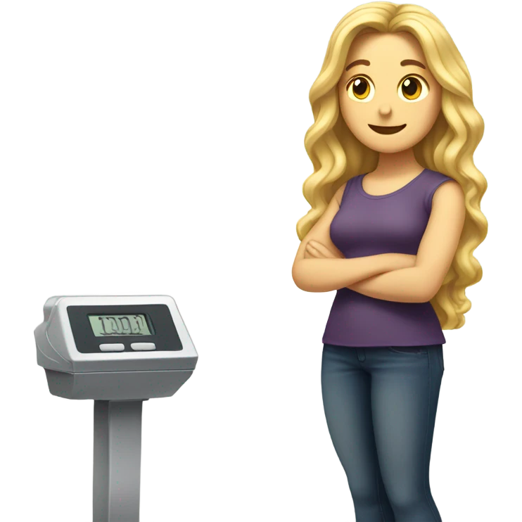 White woman, long hair, blonde hair, wavy hair, standing on scale, weight loss emoji