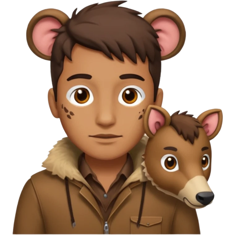 Classic hunter image, with brown clothes and some decorations made of animals emoji