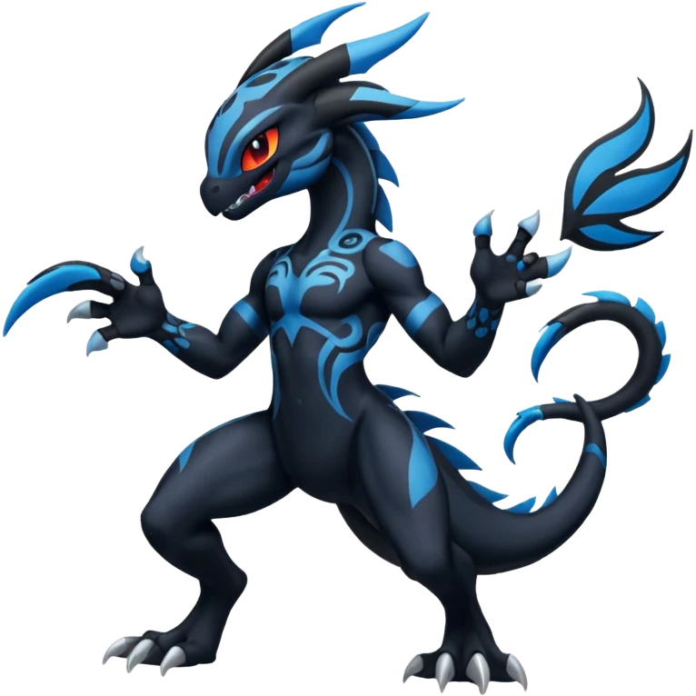 Black and Blue Meloetta-Venom-Stitch-Zekrom-Salandit-fusion, full body, tribal markings  emoji