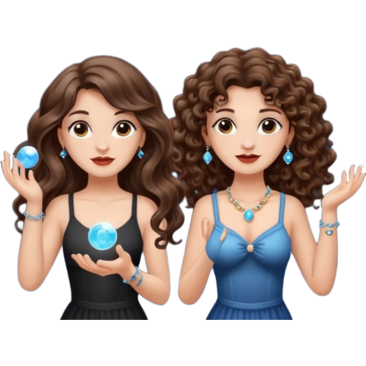 moon juggling — long wavy brown hair tattooed woman and short tight curly brown hair woman — tiny moons and crystals emoji