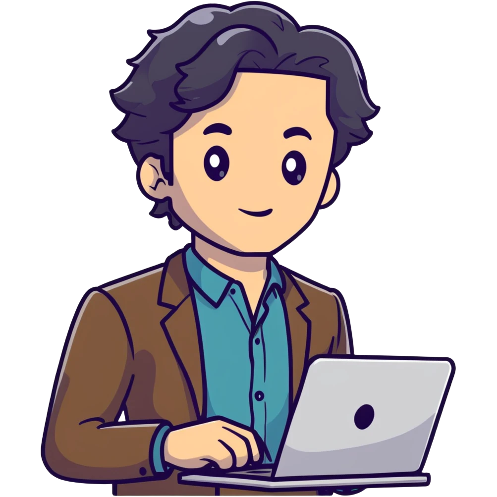 Business strategist man with black wavy hair, stubble, chiseled face, wearing blazer and button-up shirt, holding laptop, confident expression emoji