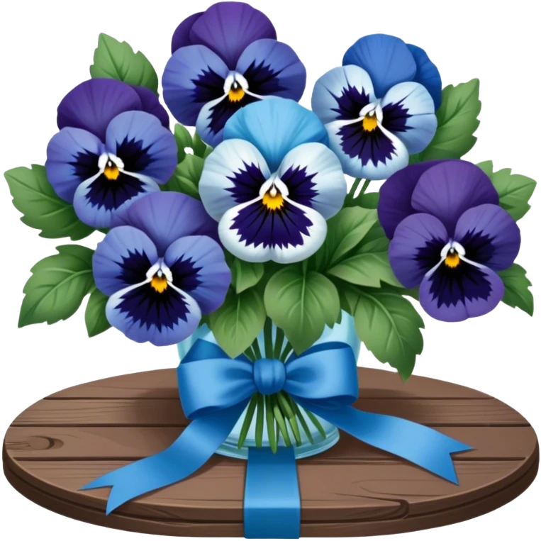 A beautifully tied deep green ribbon wrapped around a bouquet of soft blue pansies, displayed on an antique wooden table. emoji