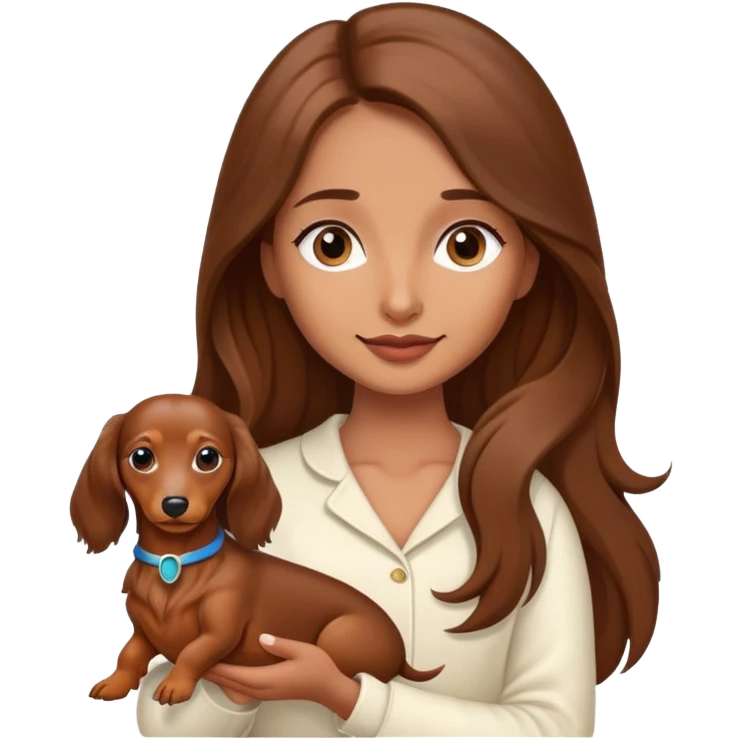 Long brown hair girl holding mini cream long haired dachshund  emoji