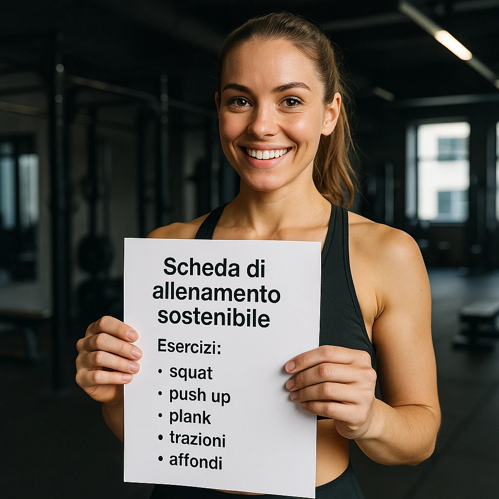 Edit the image to remove the 'Consigli' section from the text on the training sheet. Keep only the text: 'Scheda di allenamento sostenibile', 'Esercizi: squat, push up, plank, trazioni, affondi'. The sustainability refers to the training path, not eco-friendly elements. Maintain a hyperrealistic style, 4K resolution, modern gym setting. emoji