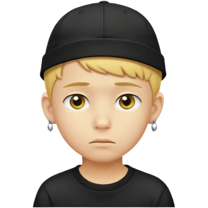 Create me an emoji like that, sad, with earrings, a black cap backwards, yellow skin like an emoji, and short hair down to the nape of my neck. Let it be a boy emoji