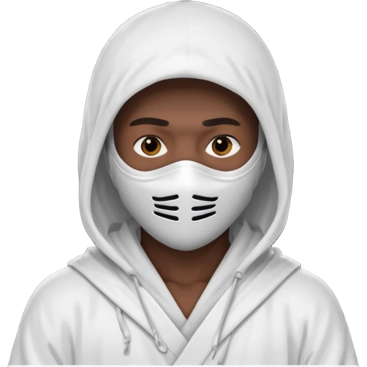All white ninja robe with white mask to cover face and neck with a hoodie on and dark brown skin color emoji