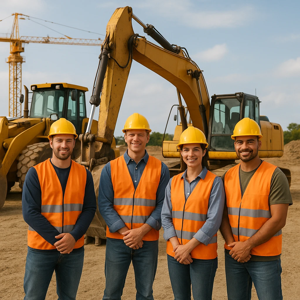 construction equipment and workers in hard hats emoji