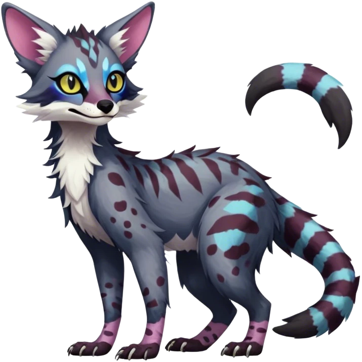 Feral Rare Fantasy dark colorful pastel vibrant Vernid-Sergal-Genet-Trico-species by LiLaiRa, random markings, tufted tail, tufted ears, full body emoji