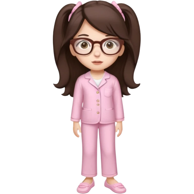 Girl age 20 years old with dark brown long hair, light skin, brown eyes, wearing a miu miu glasses the brown ones, and wearing a top in white with a pair of pyjama pants in pink and it's mocked in light pink too and a slipper in white and she looks pretty  emoji