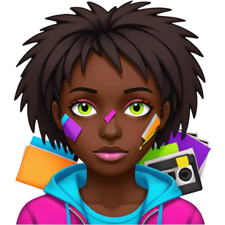Colourful dark neon graffiti scribble scrapbook patchwork Person face portrait made entirely of multicoloured torn up magazines emoji