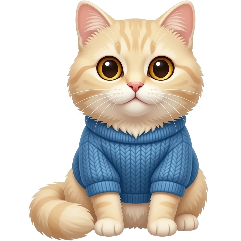 a sitting fluffy cream-colored cat with brown eyes in a blue sweater emoji