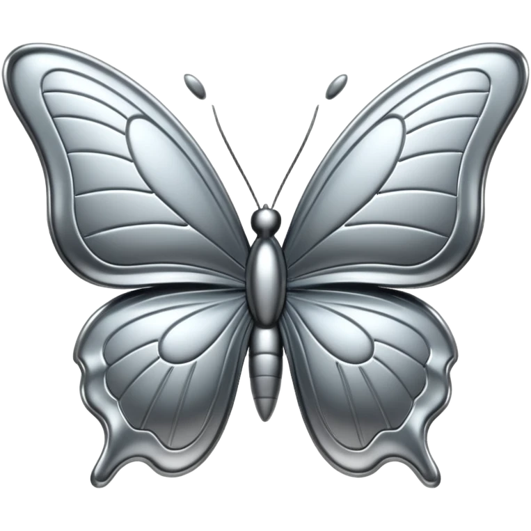 Liquid metal butterfly emoji, silver chrome material, iOS emoji style, smooth curves, reflective surface, elegant and minimal, white background emoji