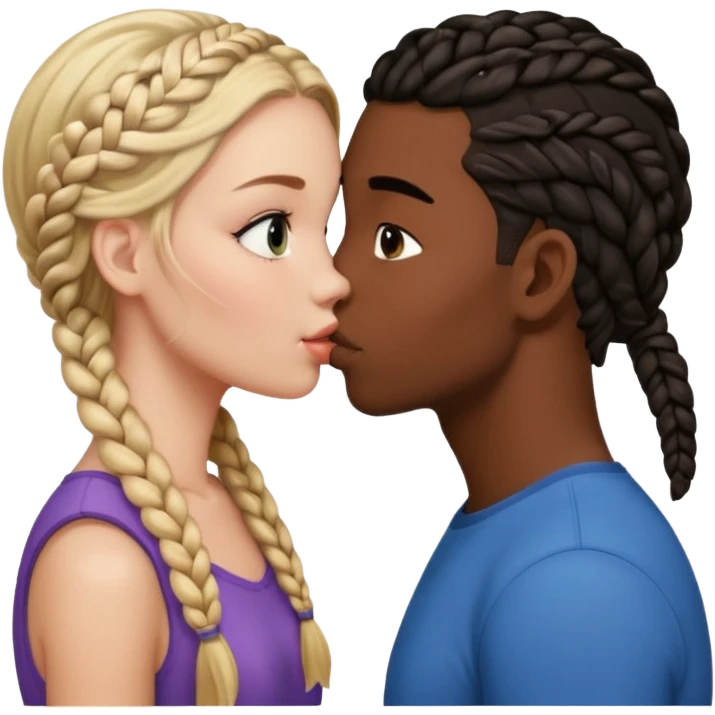 Please create a French kiss between a white girl with braids  and black boy with straight hair emoji