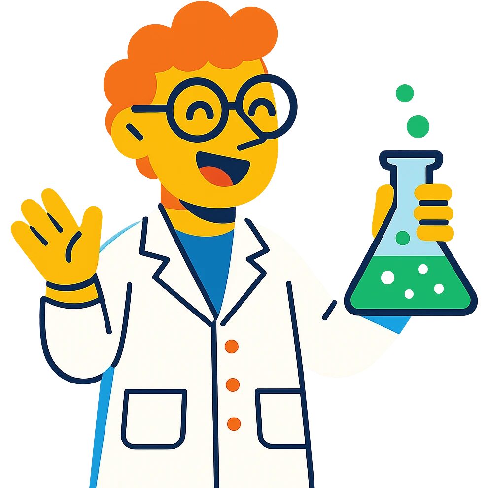 cheerful scientist character wearing a lab coat and glasses, holding a beaker emoji