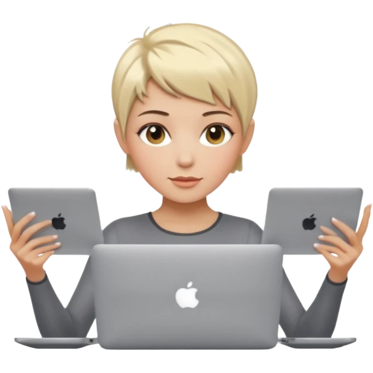 macbook pro woman pixie haircut dish water blonde hair hazel eyes emoji