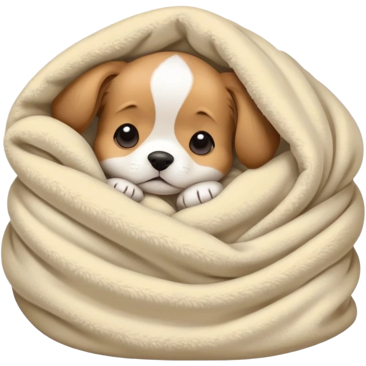 cute puppy curled up in a blanket, cozy and sleepy emoji