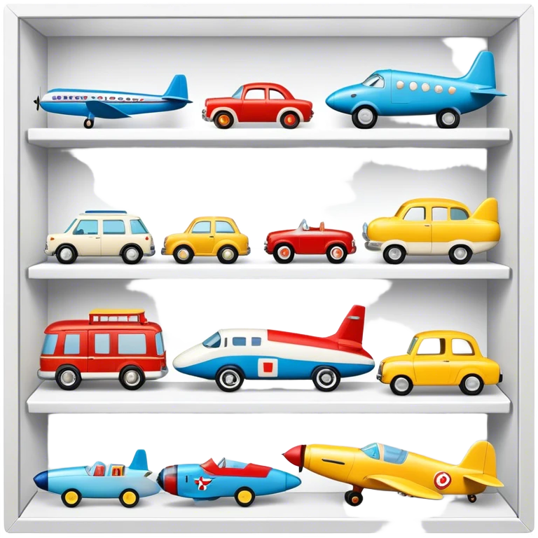 Icon for Toy Collecting: a collection of various vintage toys such as dolls, tumblers, cars, planes, ships, action figures and plush animals, displayed neatly on shelves or in display cases. The icon should evoke the joy and nostalgia of collecting toys. Transparent background. emoji