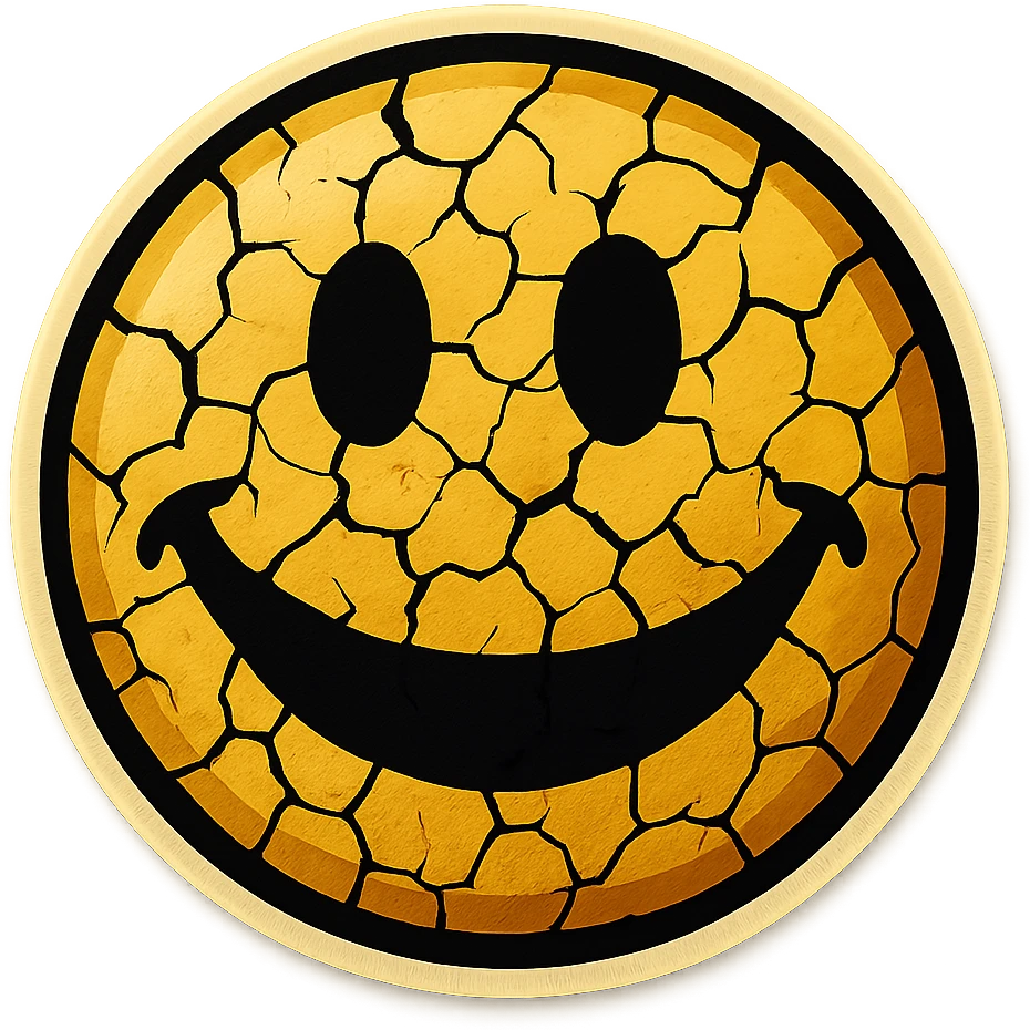 creepy cracked emoji with wide smile, retro stickers style, sharp black outlines, clear shadows and highlights, no gradients emoji