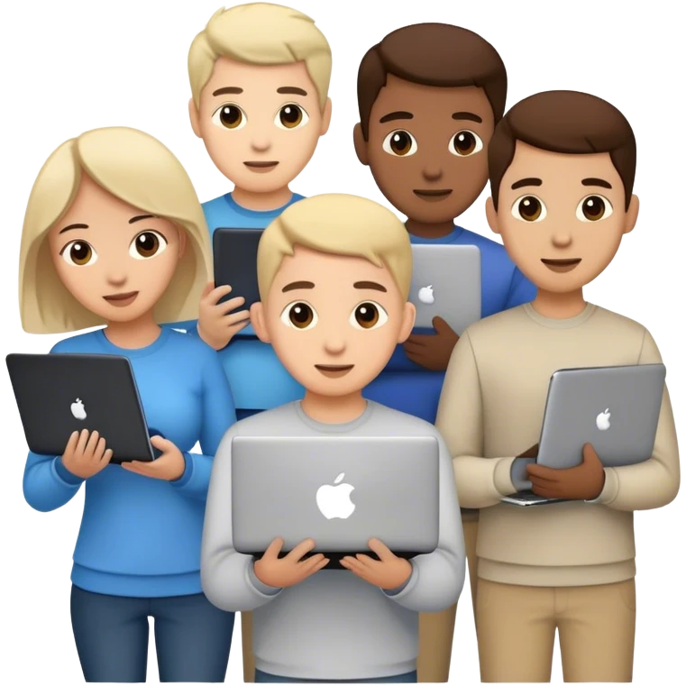 bunch of tech geek friends talking to each other with laptop in hand emoji