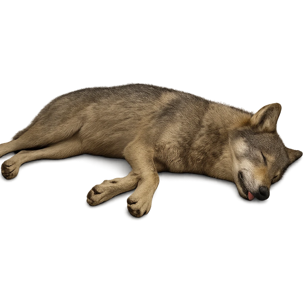 Make the wolf appear dead, lying on its side, with no background. Preserve the original style and details of the wolf in the image. emoji
