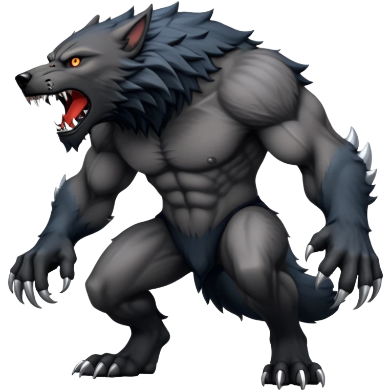 cinematic-noble-fierce-werewolf-full body on all fours-emoji, poised-and-imposing, with a tall, lean, and muscular wolfish frame inspired by the brutal, imposing shape of the beast from Berserk, fur rippling in shades of midnight black and silver, massive paws with razor-sharp claws, elongated limbs and fangs, eyes glowing with an intense, primal ferocity, reflecting the untamed power of the wild moonlit night; rendered with realism emoji