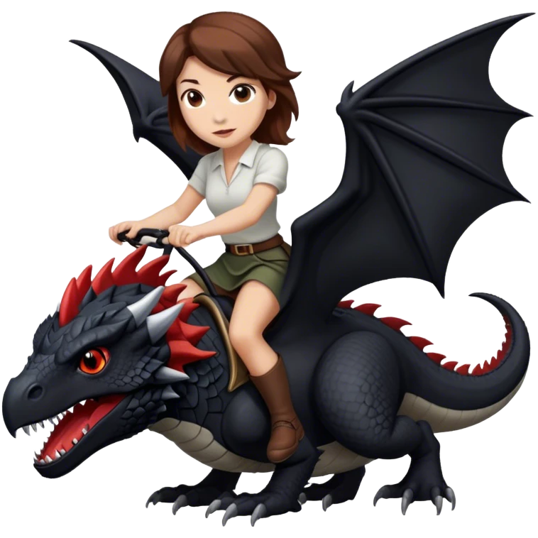 Me, a white female with brown hair, riding a black wyvern with a tiny bit of red that has only two legs to your work emoji