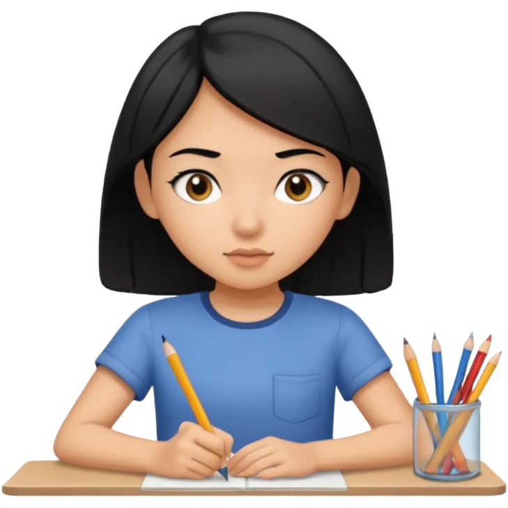 girl with black hair in short sleeves focusing in class emoji