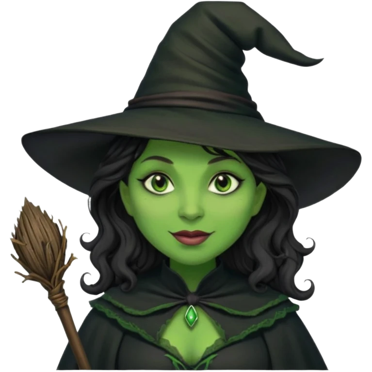 elphaba the wicked witch from wicked movie (cynthia erivo) dark long curly hair, thick lips, green skins, witch hat, witch broom, evil, wicked musical film, smirk emoji