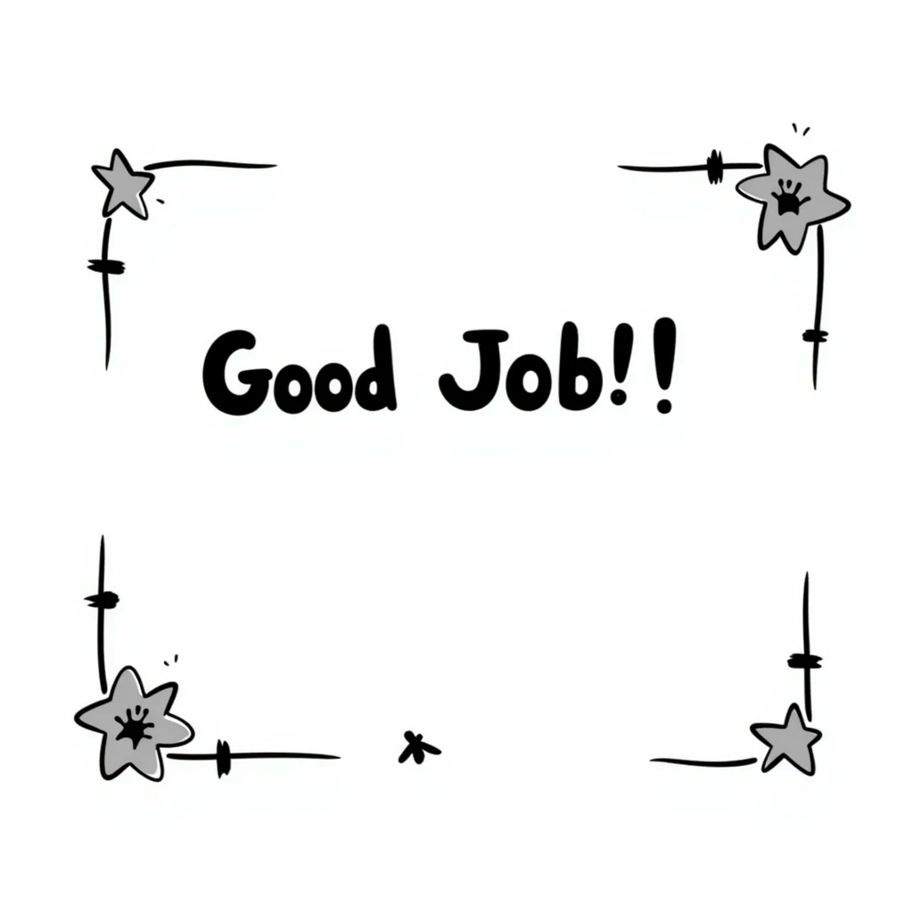 Certificate with decorative border, "Good Job!" text in the center, and stars scattered around the edges emoji
