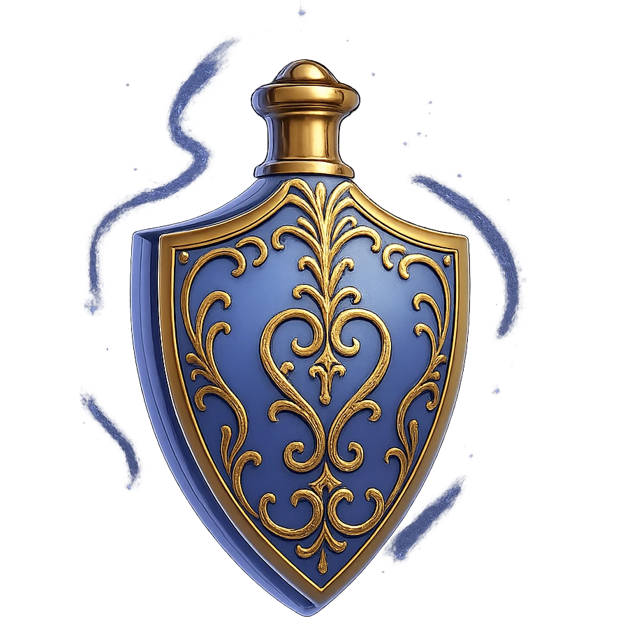 shield-shaped luxurious elixir bottle inspired by the reference, color #7986cb, gold filigree, magical glowing effects, very small golden neck, seamless bottom, transparent background, floating, no base or shadow, modern, matching a collection emoji