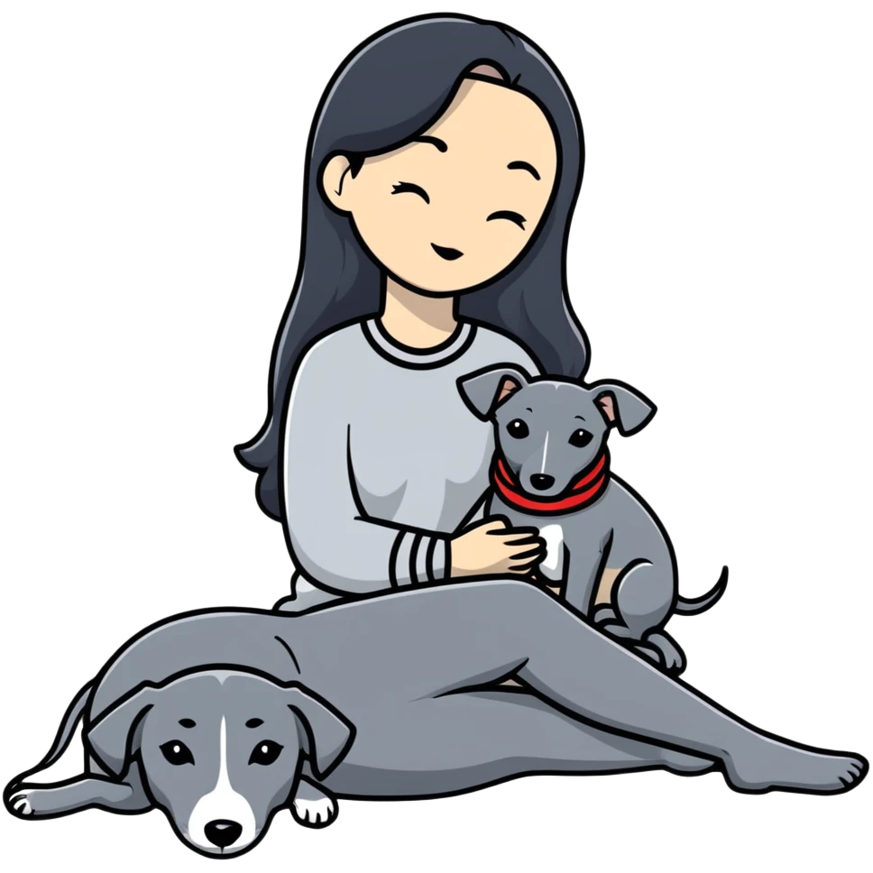 Very thin Chinese woman with long black hair relaxing in a luxurious hotel suite with exactly ONE whippet dog. EXTREME IMPORTANCE: the whippet must be ONE SOLID VERY DARK CHARCOAL GREY COLOR from nose to tail with ABSOLUTELY NO WHITE MARKINGS anywhere - NO white on face, NO white on muzzle, NO white on chest, NO white on paws, NO white on tail - NOTHING BUT A SINGLE SHADE OF VERY DARK GREY throughout the entire animal emoji
