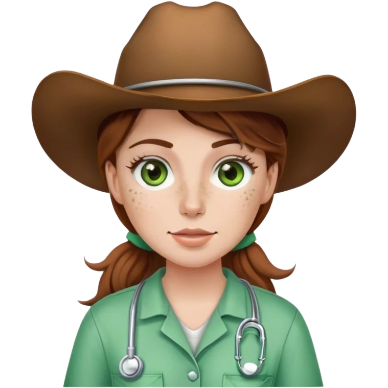 Pale Woman with brown hair and green eyes and freckles on her cheek bones wearing scrubs and a cow girl hat emoji