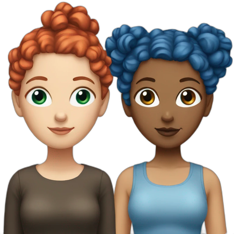 White girl with curly hair in two buns, one with red hair and the other with blue hair emoji