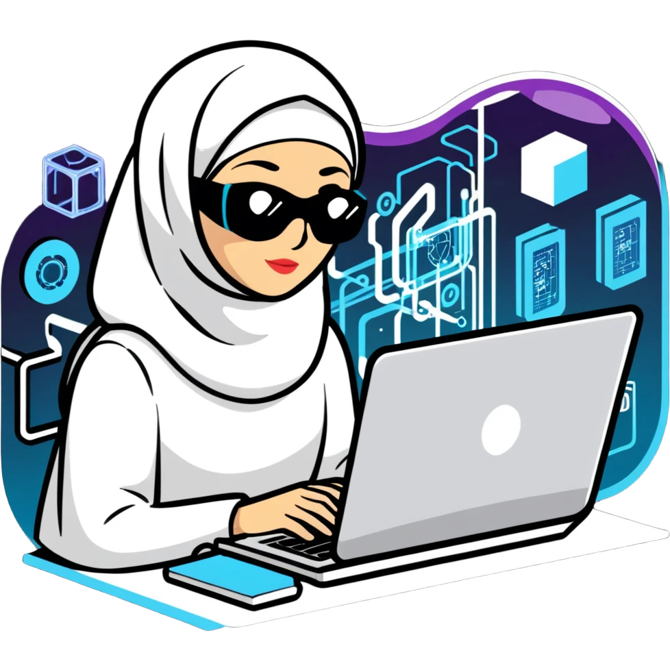 computer engineer with white hijab immersed in augmented reality, surrounded by floating metaverse elements, digital codes, virtual machines, tech graphics emoji