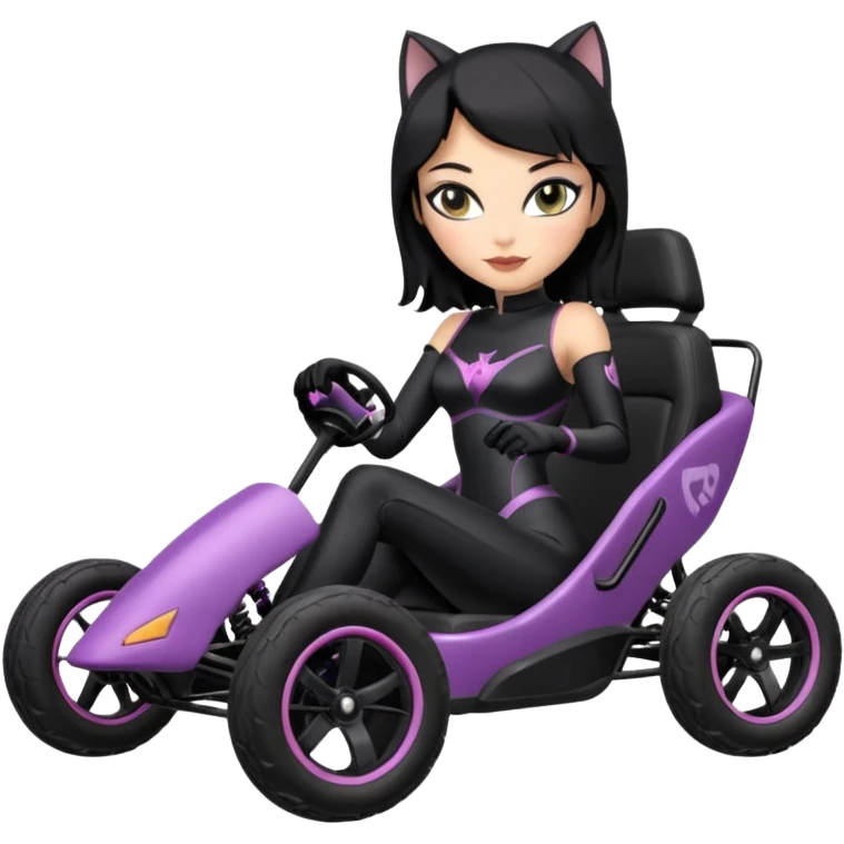 full size real-appearance road glowing racing sexy buxom CatWoman’s feminine midnight-colored tight outfit sixty’s tv show dark stealthy accurate sporty safe plush deluxe off-road pursuit drifting car jaguar (black hair,reclined and relaxed torso and shoulders back against seat) cross kart  emoji