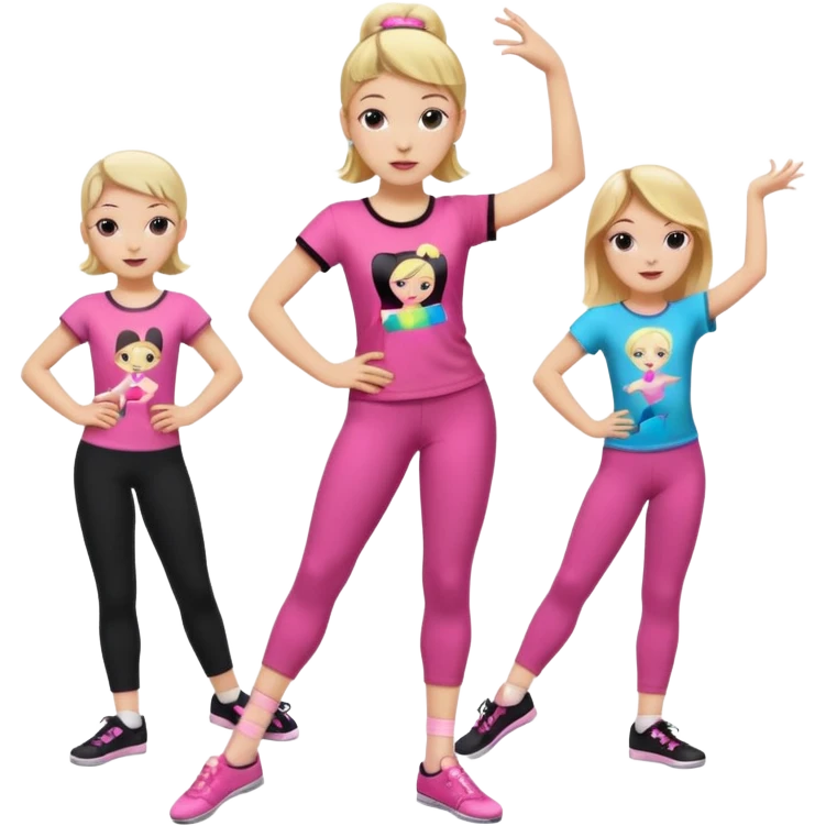 Hiphop dancer, with cute big pants, sneakers, and t-shirt. White girl blond. Coloufull shirt. No pocket pants. Dancing. Pink and black plain outfit. No sweatbands on the wrist, black music box behind her. Ballerina pose. with dancing kids behind her emoji