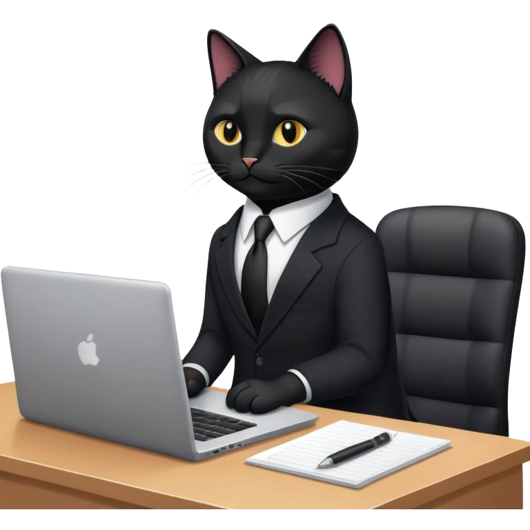 Black cat in a black business suit in an office with laptop emoji
