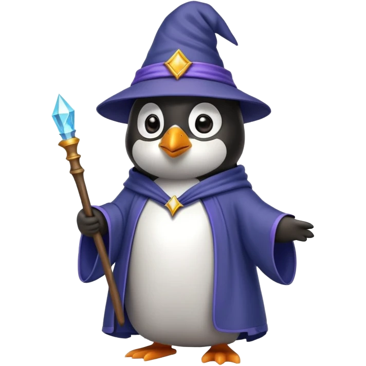 penguin wearing a wizard hat and robe, holding a magic wand emoji