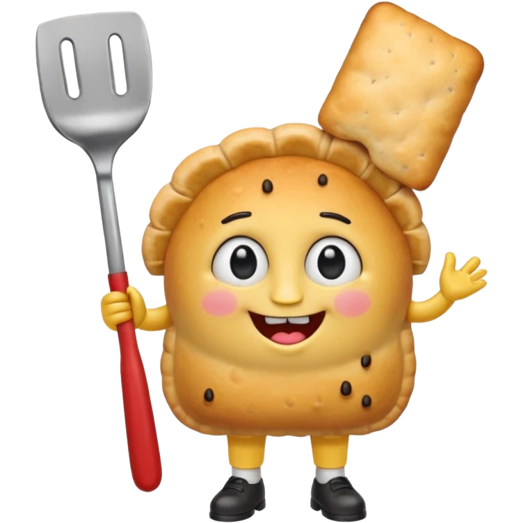 cute empanada emoji, golden brown with crimped edge, big sparkling eyes, two square teeth, blushing cheeks + freckles, red tie, holding spatula, short chubby arms and legs, thick black outline, SpongeBob + Adventure Time style, transparent background emoji