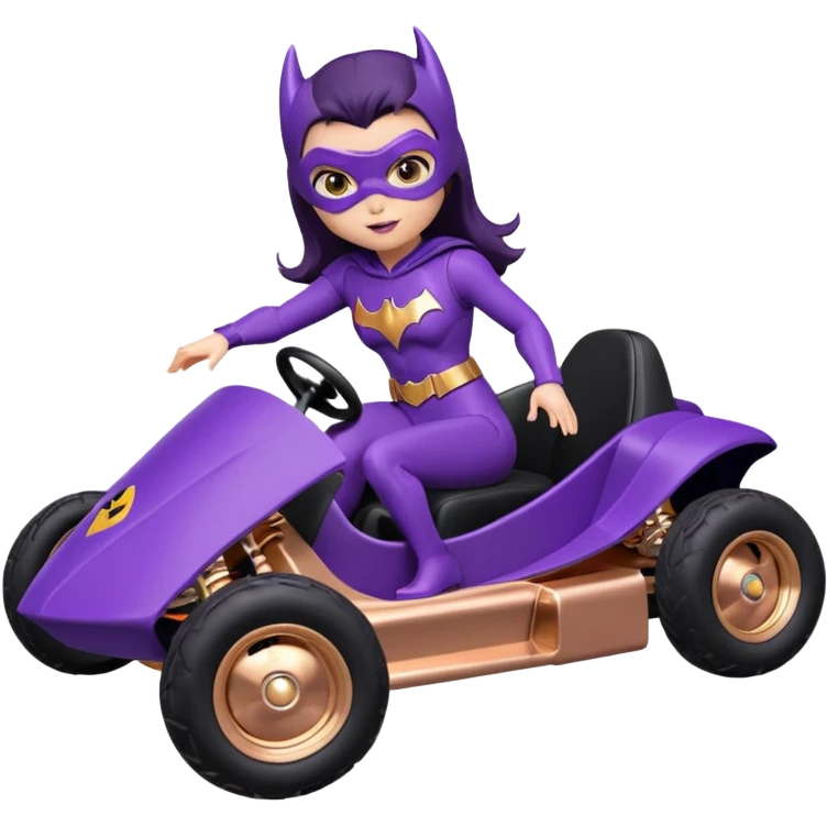 Hot full size real-appearance retro electric racing action BatGirl’s feminine midnight-purple tight outfit sixty’s tv show 1992 stealthy retro sporty safe plush petite off-road pursuit cruiser car rose gold accents (black hair,reclined and relaxed torso seating position) go kart  emoji