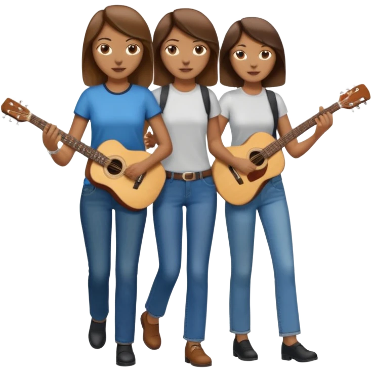 based on emoji style, like this "💁🏻‍♀️" "💁🏽‍♂️" "💁🏻", two people walking together, one is brown-haired woman, wearing business casual, holding a guitar; another one is a non-binary person, wearing t shirt and jeans, and this person doesn't have anything on their hands. they are walking together. emoji