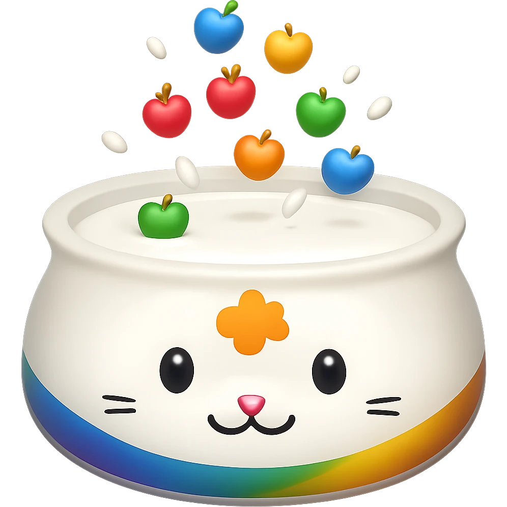 Replace the food in the cute cat food bowl with milk, the bowl is overflowing with milk, keep the cute cat food bowl style and apple emoji style, no background. emoji